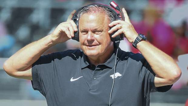Razorbacks coach Sam Pittman on the sidelines against Alabama